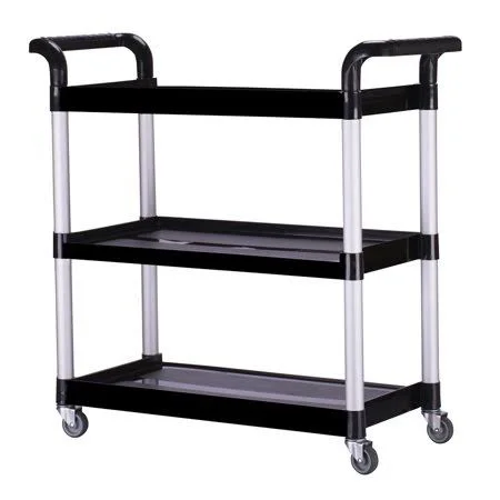 Heavy Duty 3-Shelf Rolling Service, Utility, Push Cart, 390 lbs. Capacity, Black, for Foodservice, Restaurant, Cleaning