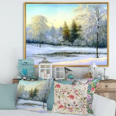 Green Trees in Beautiful Winter Landscape - Painting on Canvas East Urban Home Format: Gold Floater Frame - Size: 30x22 H x 40x22
