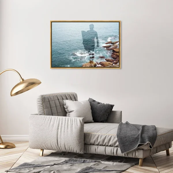 Oliver Gal 'Surfing Adventurer' Nautical and Coastal Wall Art Framed Canvas Print Coastal - Blue - Brown - 36 x 24 - Gold