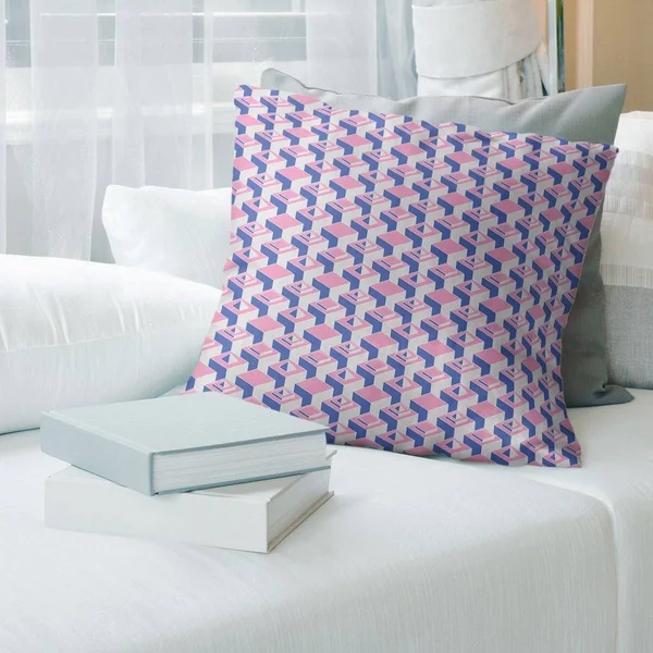 Blue Color Contrast Skyscrapers Pattern Throw Pillow - 16 x 16 - Pink & Blue - Synthetic Fiber