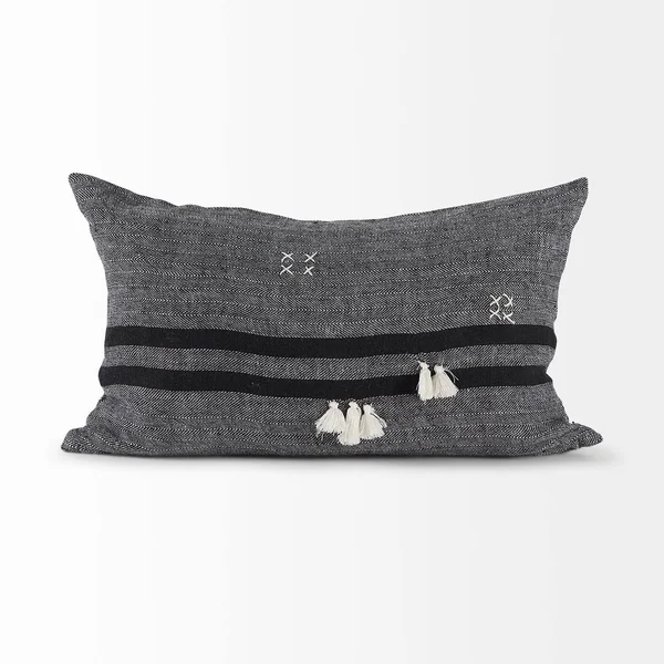 Sibyl 18L x 18W Dark Gray and Black Fabric Striped and Fringed Decorative Pillow Cover - Mercana 69419