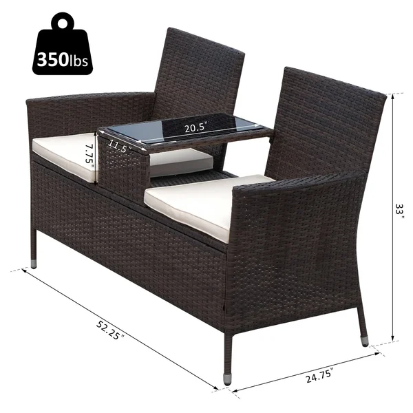 Outsunny 2 Seat Rattan Wicker Padded Chair Bench with Tea Table - Brown
