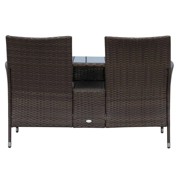 Outsunny 2 Seat Rattan Wicker Padded Chair Bench with Tea Table - Brown