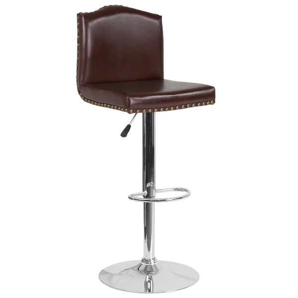 Bellagio Contemporary Adjustable Height Barstool with Accent Nail TRIM - Brown Leather