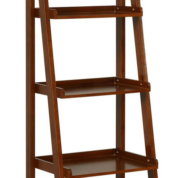 Benjara 72 Inches 5 Tier Wooden Ladder Bookcase with 2 Hooks, Brown