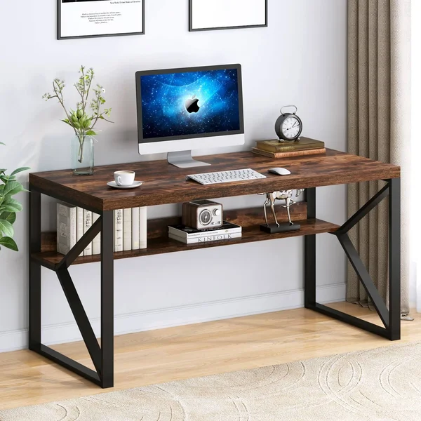 Faux Wood Computer Desk with Shelf, 55 inch Study Writing Table Workstation, Rustic Brown