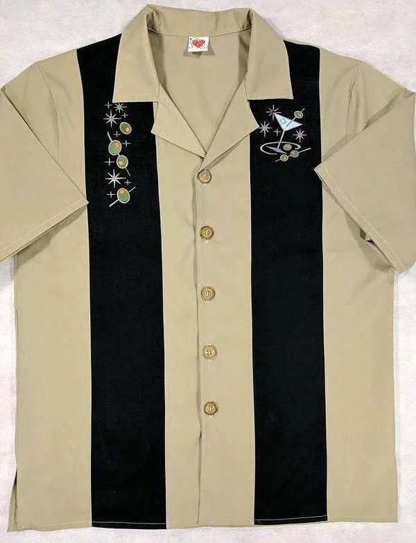 Mens Bowling Shirt - Cocktail, Martini, Lounge Lizard, Retro, Rockabilly, Embroidered