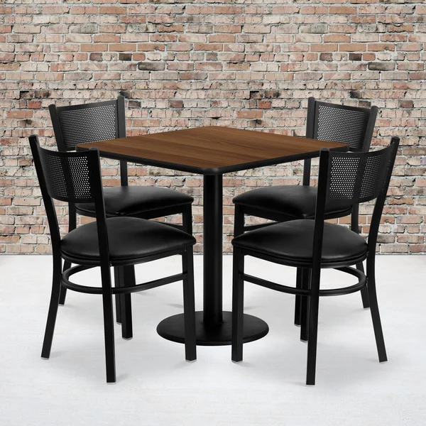 Flash Furniture Laminate Table Set with 4 Grid Back Metal Chairs: Black Vinyl SEAT - Walnut, 30'' Square