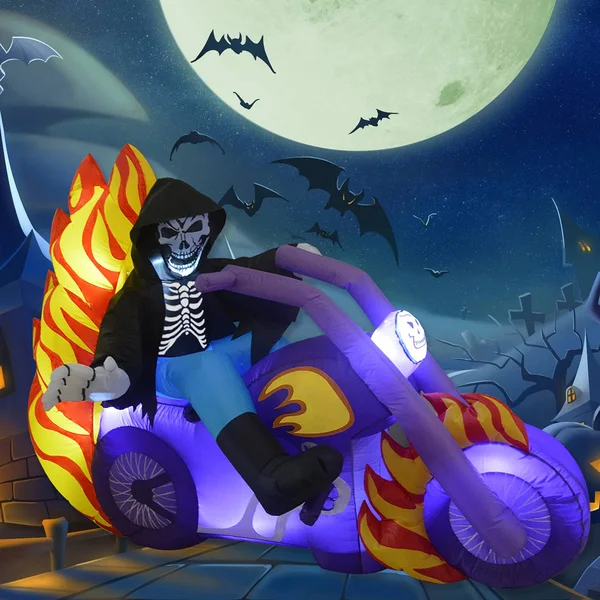 GOOSH Outdoor Halloween Decorations Blow Up Yard Outdoor Decorations Grim Reaper on Motorcycle 6ft Long Halloween Inflatables Cl