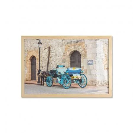 Colorful Wall Art with Frame - Retro Style Horse-Drawn Carriage in Old Street at Santo Domingo Dominican Republic, Printed Fabric