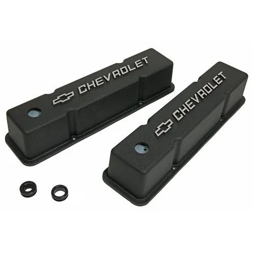 SBC 350, 400, 305 Summit Racing Die-Cast Logo Aluminum Valve Covers - Black Wrinkle, Tall, Small Block Chevy, Summit Racing Equ
