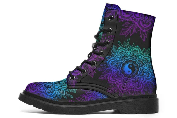 Yin Yang Mandala Boots, Vegan Black Boots, YesWeVibe Women's Boots, Black Sole, US 5, EU35.5