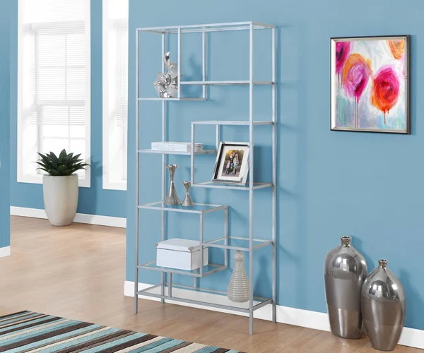 Monarch Bookcase - 72x22H, Silver Metal with Tempered Glass