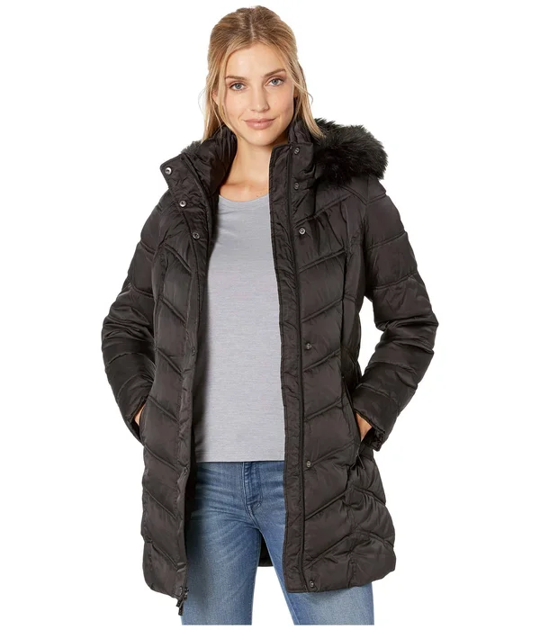 Kenneth Cole Chevron Quilted Coat with Faux Fur Hood Black