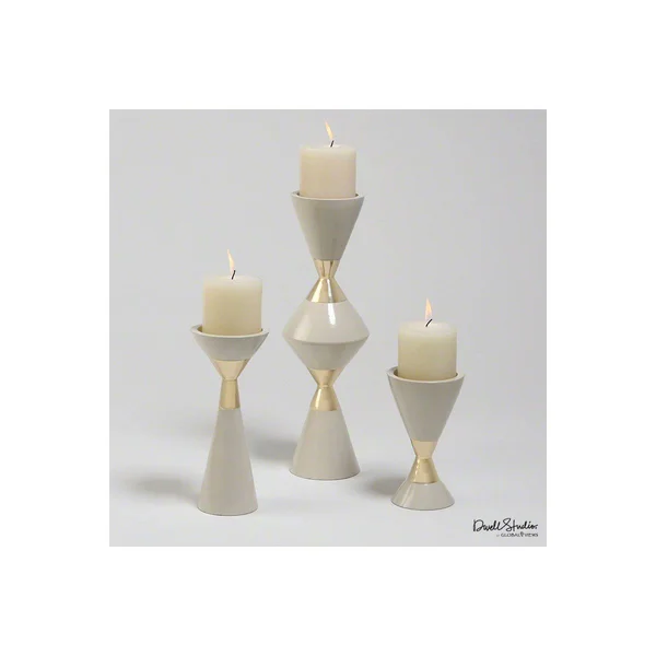 Global Views Hourglass Pillar Candle Holder Cream/Gold Set of 3