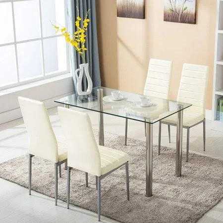 Mecor 5 Piece Dining Table Set Glass Top Dinette Sets with 4 Leather Chairs - Light Yellow