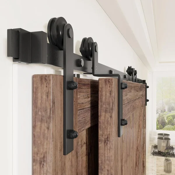 winsoon 7.5 ft./90 in. Single Track Bypass Sliding Barn Door Hardware Kit for Double Doors Low Ceiling - Frosted Black