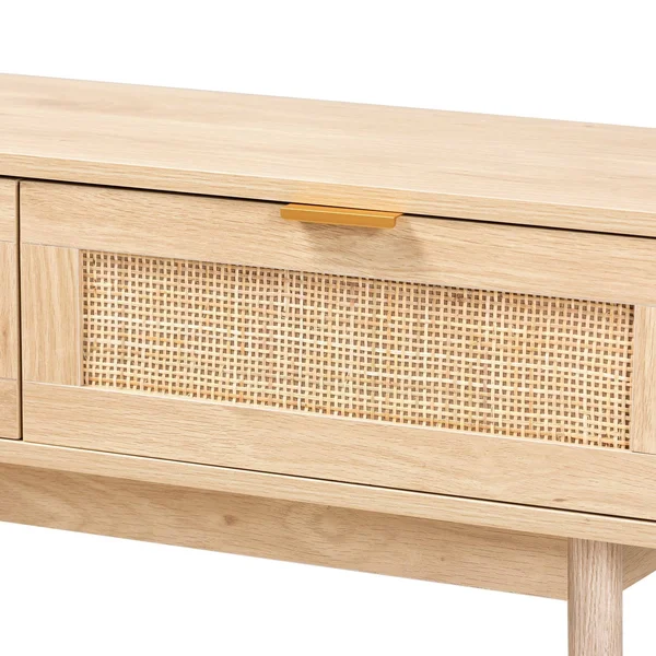 Baxton Studio Baird Mid-Century Modern Finished Wood and Rattan 2-Drawer Console Table Light Oak Brown