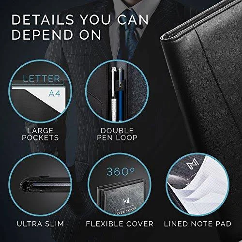 Nero MANETTI- Leather Portfolio Folder - Business PU Leather Portfolio Notepad Holder for Resumes, Legal Pad Portfolio Executive